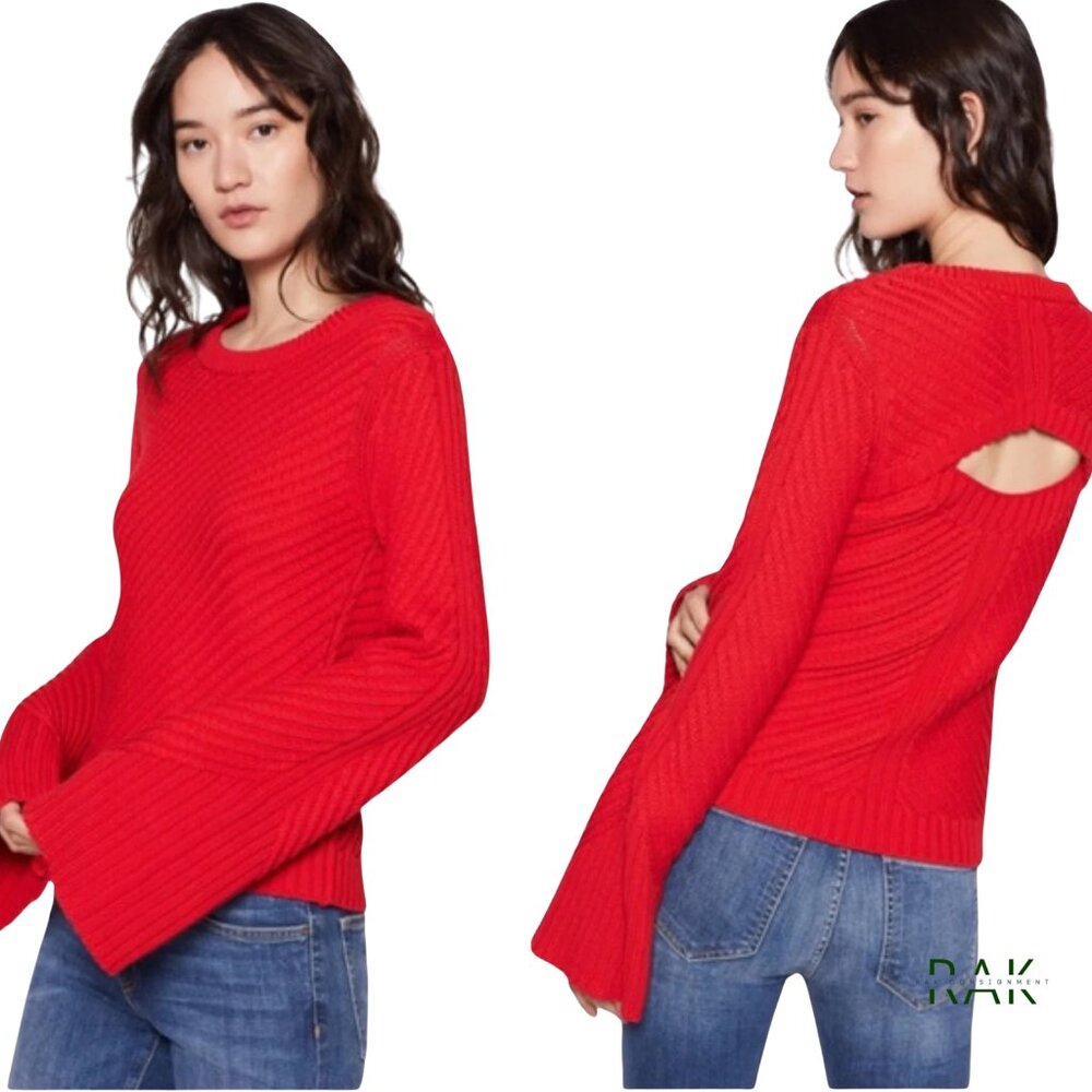 JOIE "Lauraly" Red Ribbed Cut-Out Back Bell Sleeve Sweater | Size M
